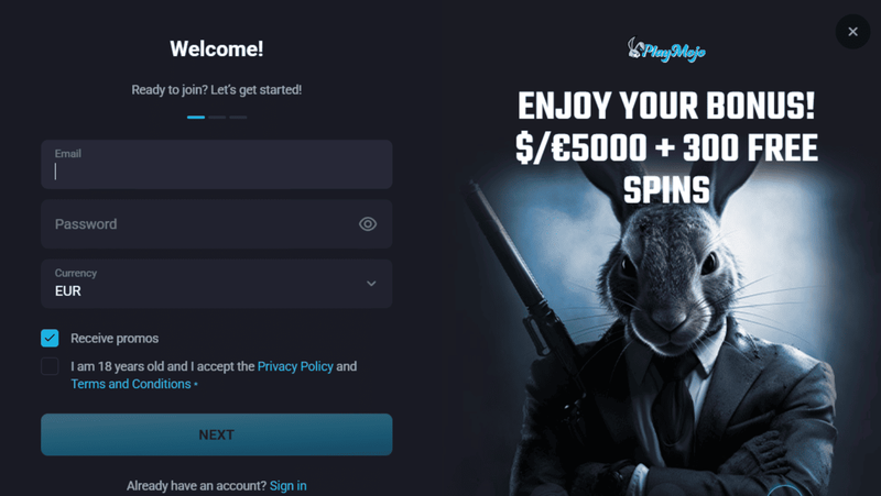 PlayMojo Casino sign-up form with $5000 welcome bonus and 300 free spins offer for new players