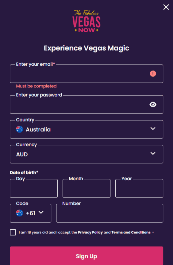 VegasNow registration form